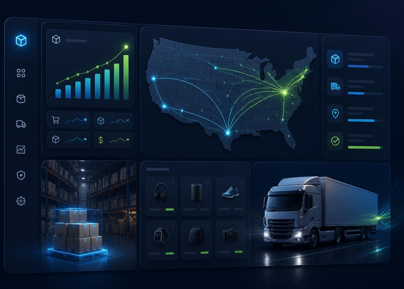 Go Torqen BD warehouse dashboard showing US shipping routes, live order analytics, and same-day fulfillment